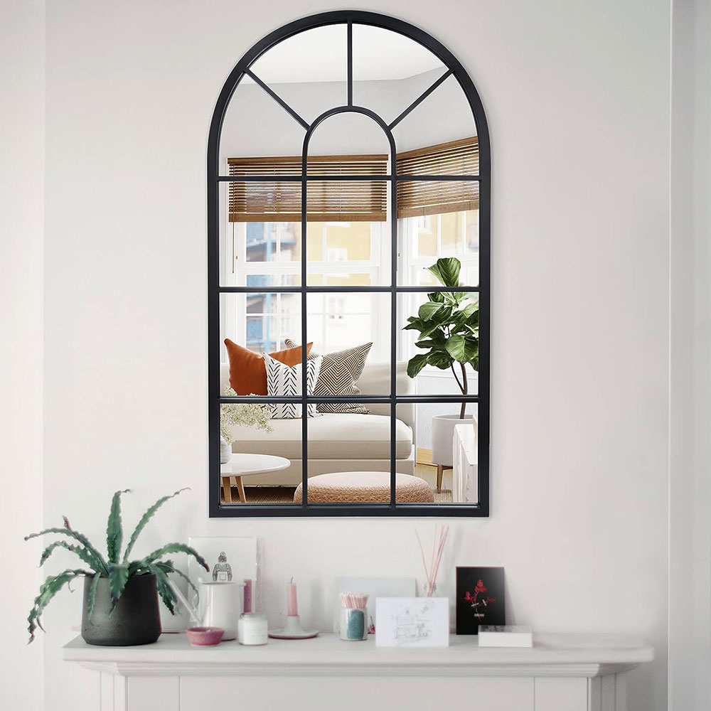 Arched Window Mirror Black Metal Frame Wall Mounted Decorative Mirror