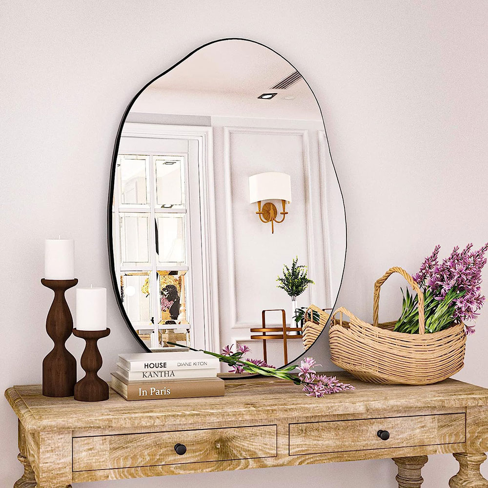 Unregelmäßiger Wandspiegel, Asymmetrical Mirror Large Unique Vanity Body Mirror Black Bathroom Wall Mounted Mirror Modern Shaped Dressing Mirror for Living Room Entryway 